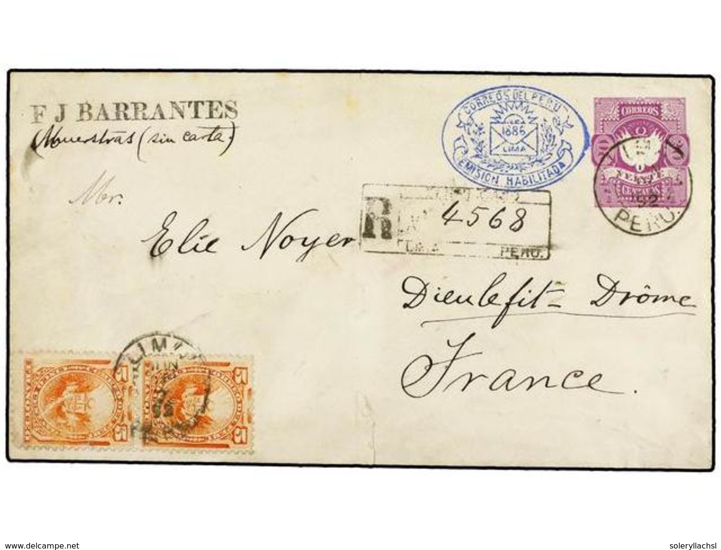 4617 PERU. 1892. LIMA A FRANCIA. Entero Postal De <B>20 Cts. </B>lila Con Franqueo Adicional De <B>5 Cts.</B> Naranja (2 - Sonstige & Ohne Zuordnung