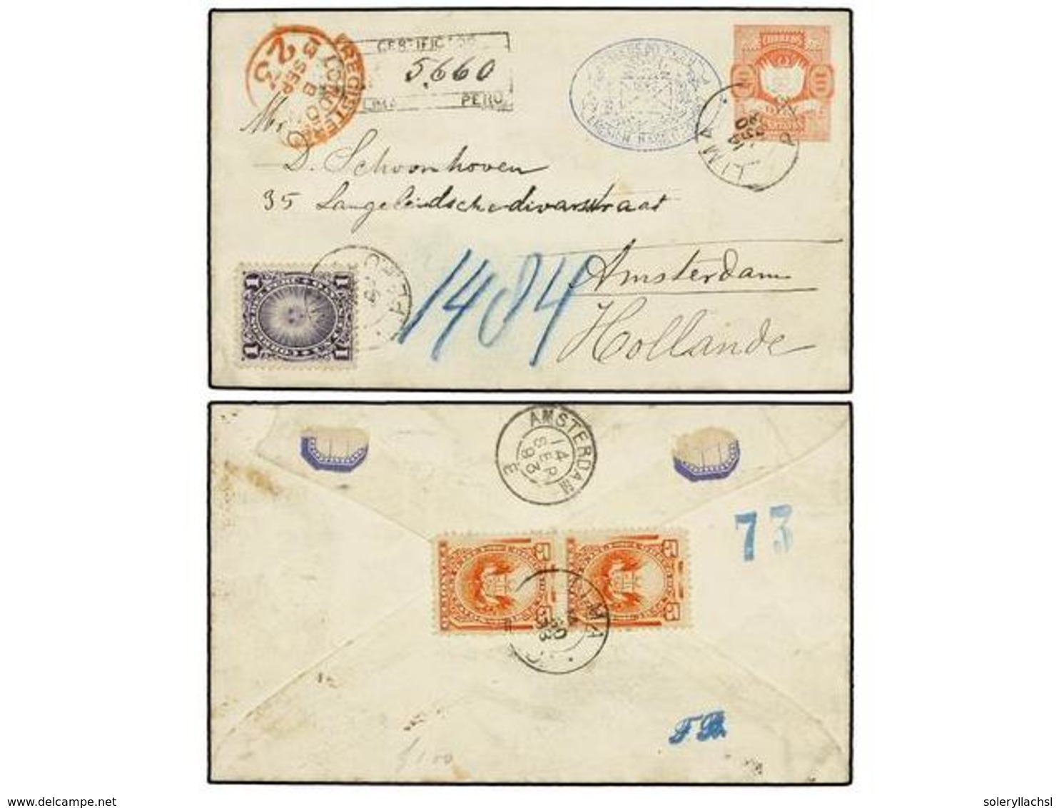 4619 PERU. 1893. LIMA A HOLANDA. Entero Postal De <B>10 Ctvos. </B> Rojo Con Franqueo Adicional De <B>1 Cto. </B>violeta - Sonstige & Ohne Zuordnung