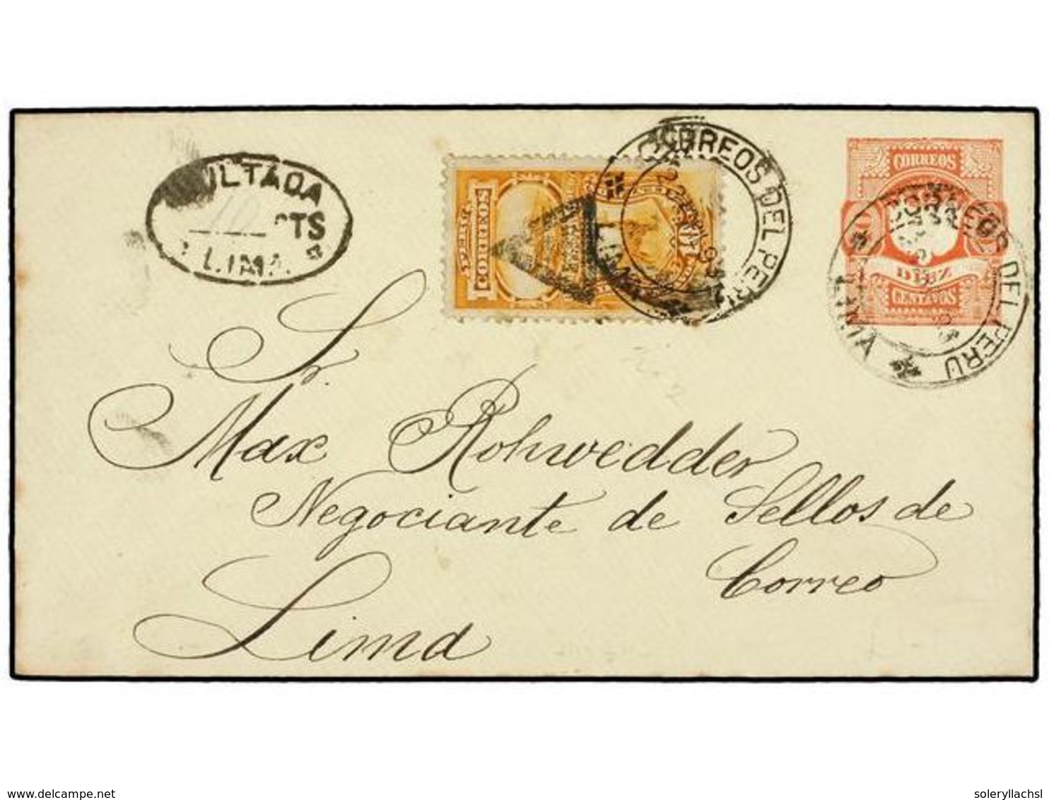 4620 PERU. 1893. LIMA Correo Interior. Entero Postal De <B>10 Cts.</B> Rojo, Carta Tasada Con Sello De <B>10 Cts. </B>na - Other & Unclassified