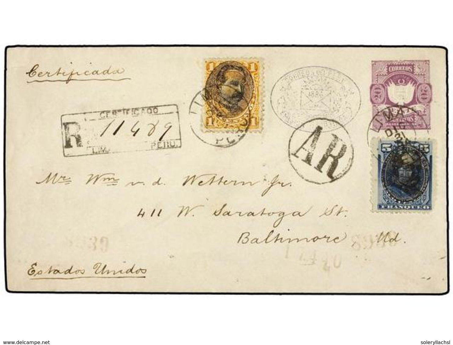 4622 PERU. Yv.83, 87. 1894. LIMA A U.S.A. Entero Postal De <B>20 Cts.</B> Lila, Habilitada Para 1886 Con Franqueo Adicio - Other & Unclassified