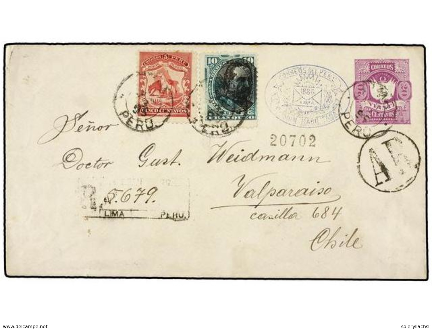 4627 PERU. Yv.88, 103. 1895. LIMA A VALPARAISO. Entero Postal De <B>20 Ctvos.</B> Lila Habilitado Para 1886 Con Franqueo - Sonstige & Ohne Zuordnung