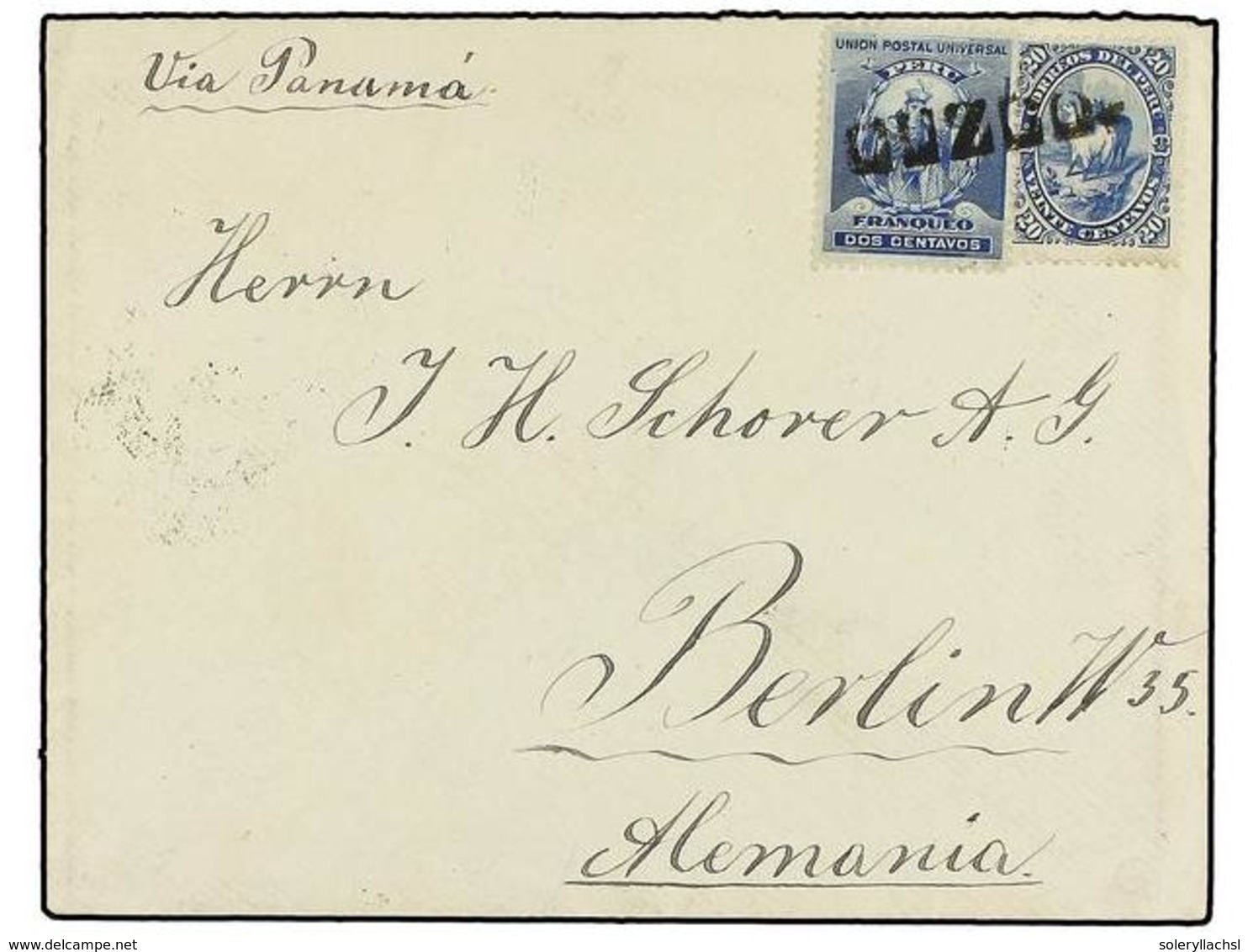 4628 PERU. Sc.113, 143. 1896. CUZCO A ALEMANIA. <B>2 Ctvos.</B> Azul Y <B>20 Ctvos.</B> Azul. Mat. Lineal <B>CUZCO</B>.  - Sonstige & Ohne Zuordnung