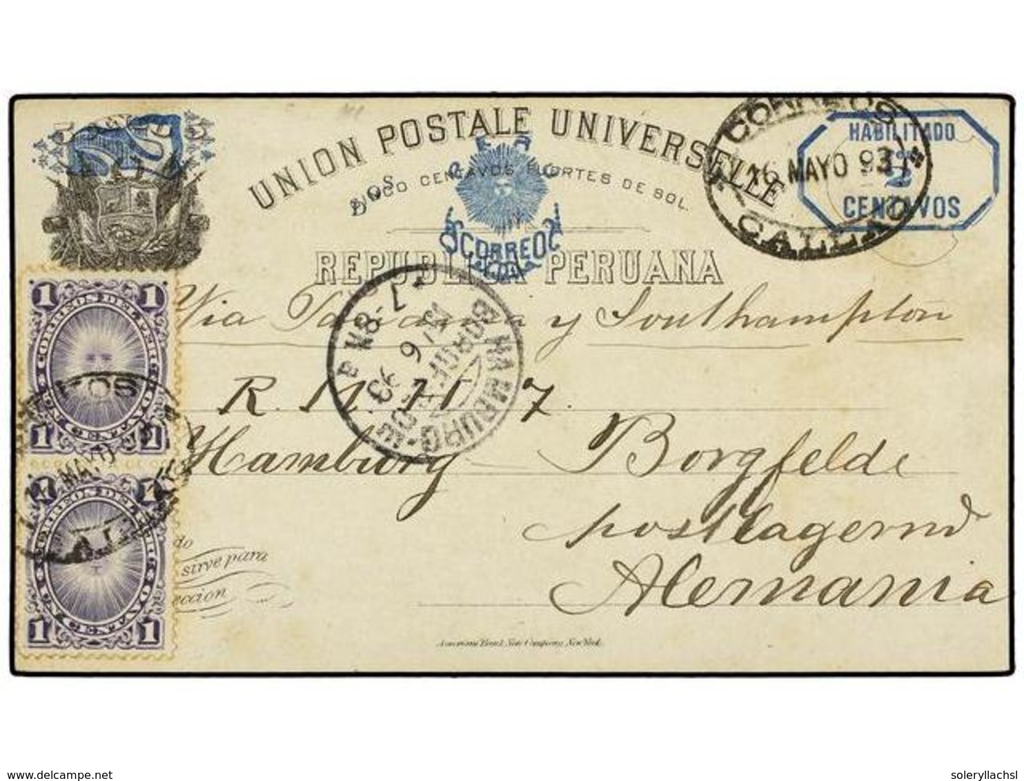 4629 PERU. 1898. CALLAO A ALEMANIA. Entero Postal De <B>2 Ctvos.</B> <B>s. 5 Ctvos.</B> (habilitación En Azul) Con Franq - Sonstige & Ohne Zuordnung