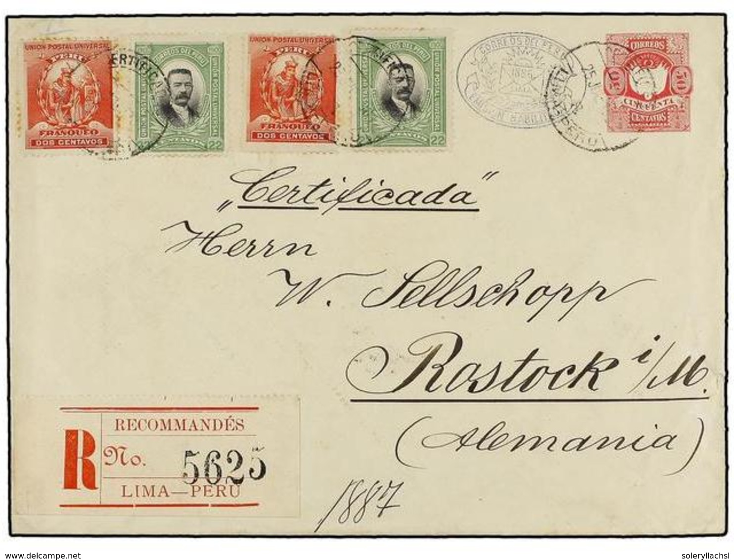 4630 PERU. 1901. LIMA A ALEMAINA. Entero Postal De <B>50 Cts. </B>rosa Con Franqueo Adicional De <B>2 Ctvos. </B>(2) Y < - Other & Unclassified