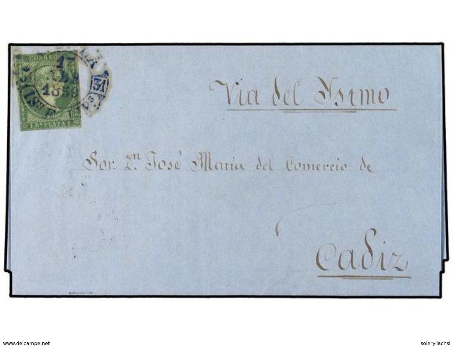 4644 COLONIAS ESPAÑOLAS: FILIPINAS. 1859. MANILA A CADIZ. <B>1 Real</B> Verde, Mat. Fechador En Azul<B> MANILA/IS. FILIP - Other & Unclassified