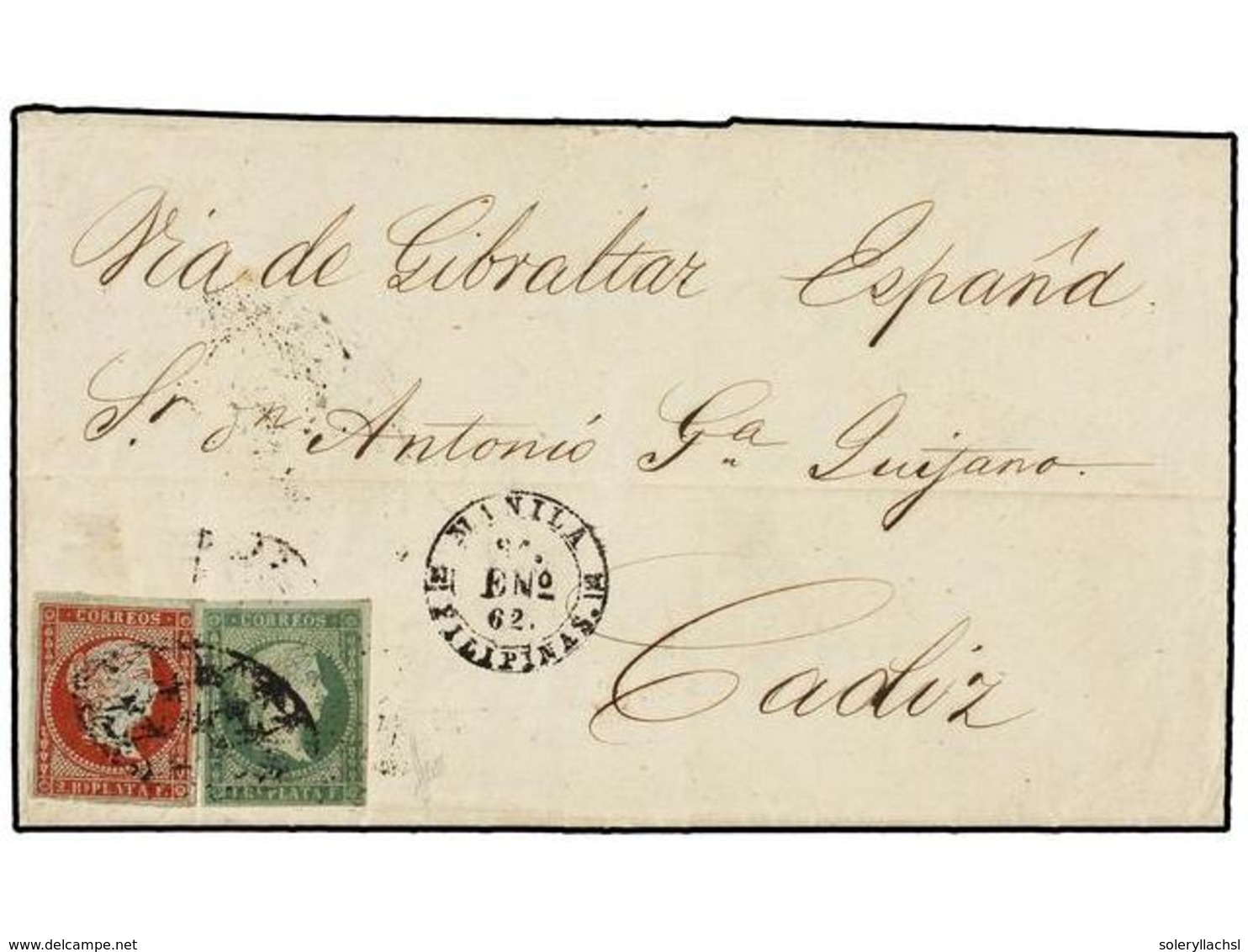 4646 FILIPINAS. 1862. MANILA A CÁDIZ. <B>1 Real</B> Verde Y <B>2 Reales</B> Carmín, Mat. <B>PARRILLA COLONIAL</B> Y Fech - Sonstige & Ohne Zuordnung