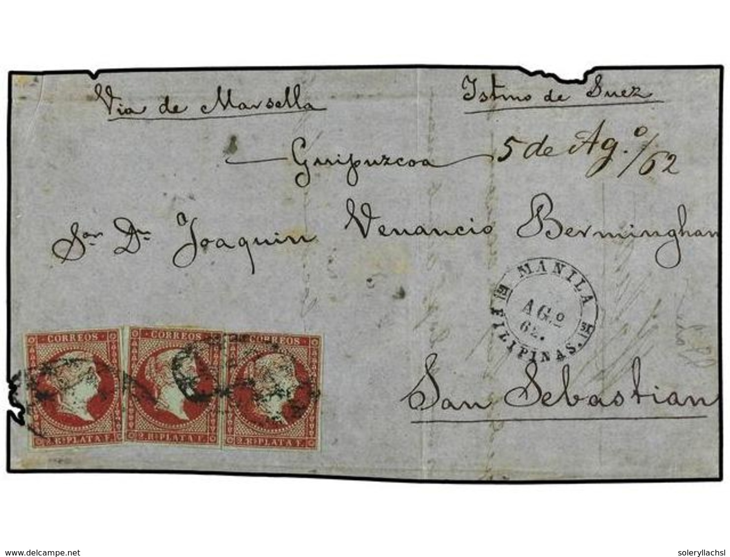 4647 FILIPINAS. Ed.6b(3). 1862. FRONTAL MANILA A SAN SEBASTIAN. <B>2 Reales</B> Carmín. Mat. <B>PARRILLA COLONIAL</B>. M - Sonstige & Ohne Zuordnung