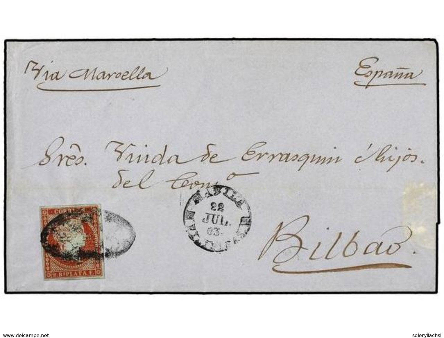 4648 FILIPINAS. Ed.6b. 1863. MANILA A ESPAÑA. <B>2 Reales</B> Carmín. Mat. <B>PARRILLA COLONIAL</B> Y Fechador <B>MANILA - Other & Unclassified