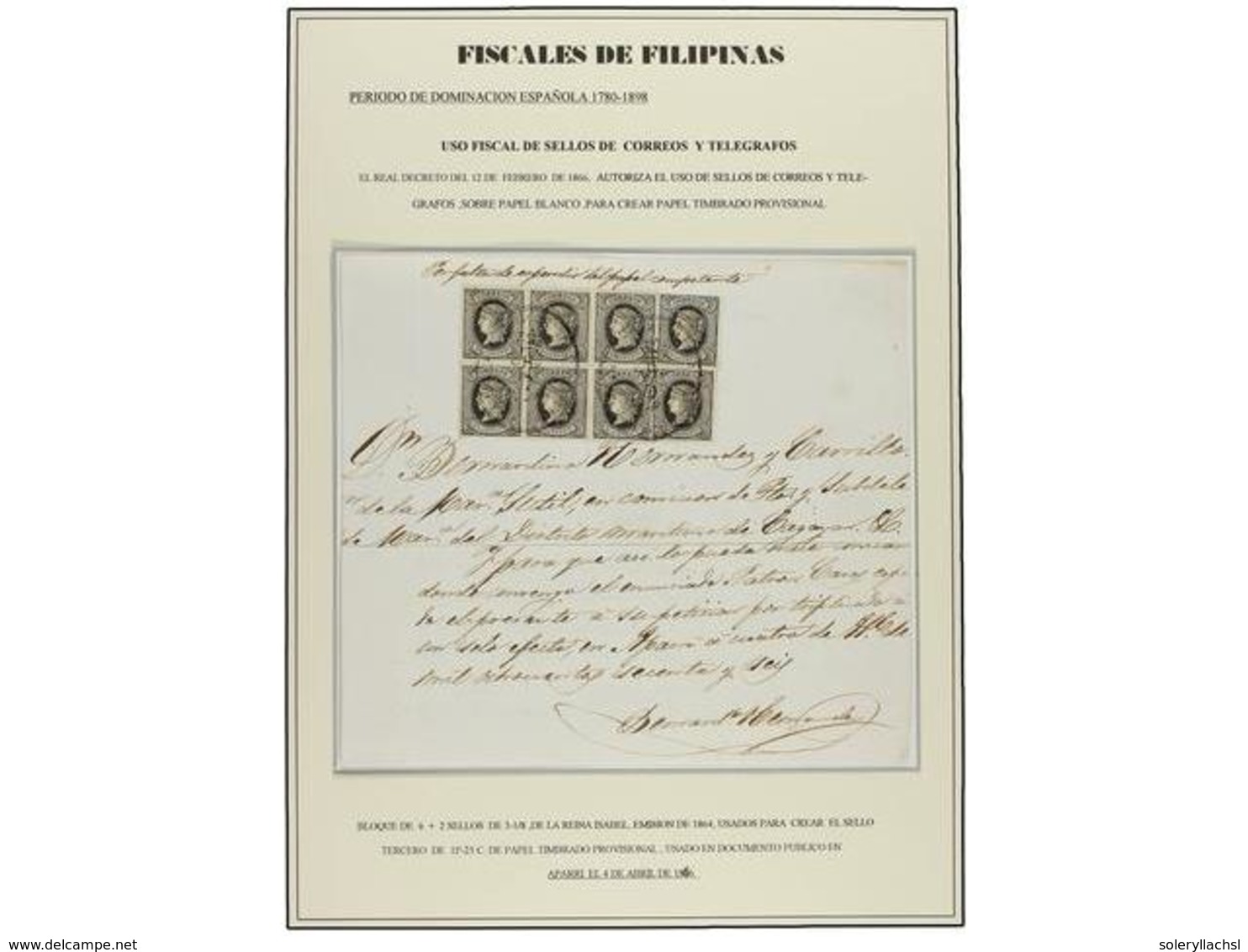 4652 FILIPINAS. 1866. Documento Fechado En APARRI Con Un Bloque De Ocho Del Sello De Correos De <B>3 1/8 Ctvos</B> Negro - Other & Unclassified