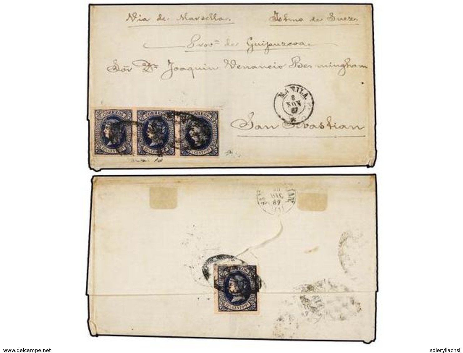 4653 FILIPINAS. 1867. MANILA A S. SEBASTIAN.<B> 12 4/8 Ctvos.</B> Azul S. Rosa, Tira De Tres Y Sello Suelto (al Dorso),  - Other & Unclassified