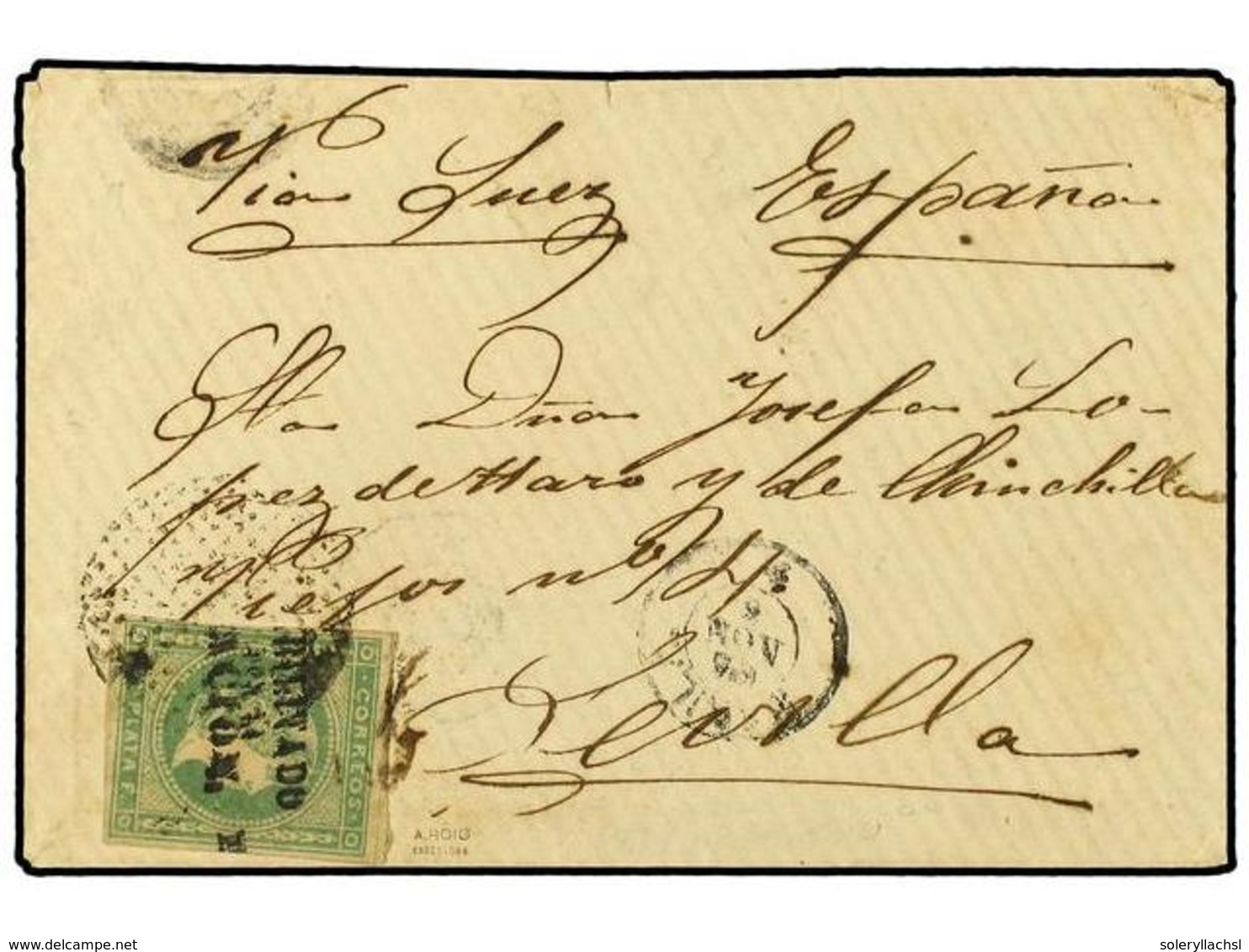 4656 COLONIAS ESPAÑOLAS: FILIPINAS. Ed.20L. 1870. MANILA A SEVILLA. <B>1 Real</B> Verde Amarillo <B>HABILITADO/POR LA/NA - Other & Unclassified