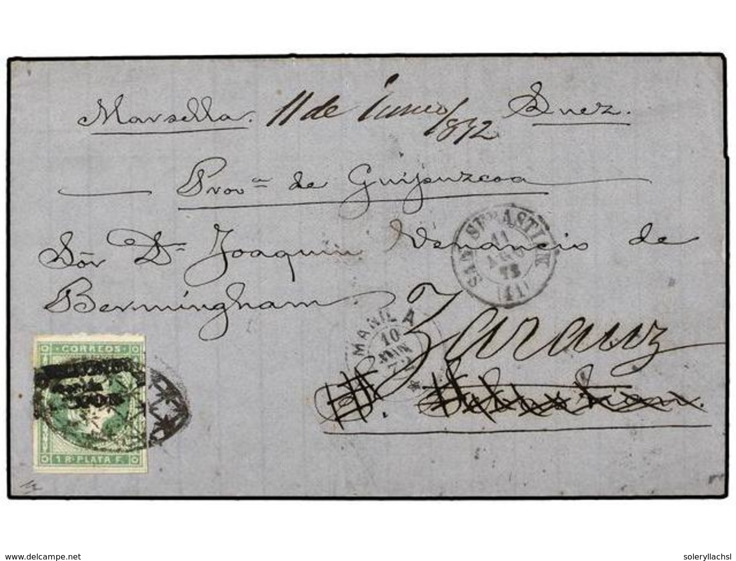 4658 FILIPINAS. Ed.20 L. 1872. MANILA A SAN SEBASTIAN. <B>1 Real</B> Verde<B> HABILITADO/POR LA/NACION</B> Reexpedida A  - Sonstige & Ohne Zuordnung