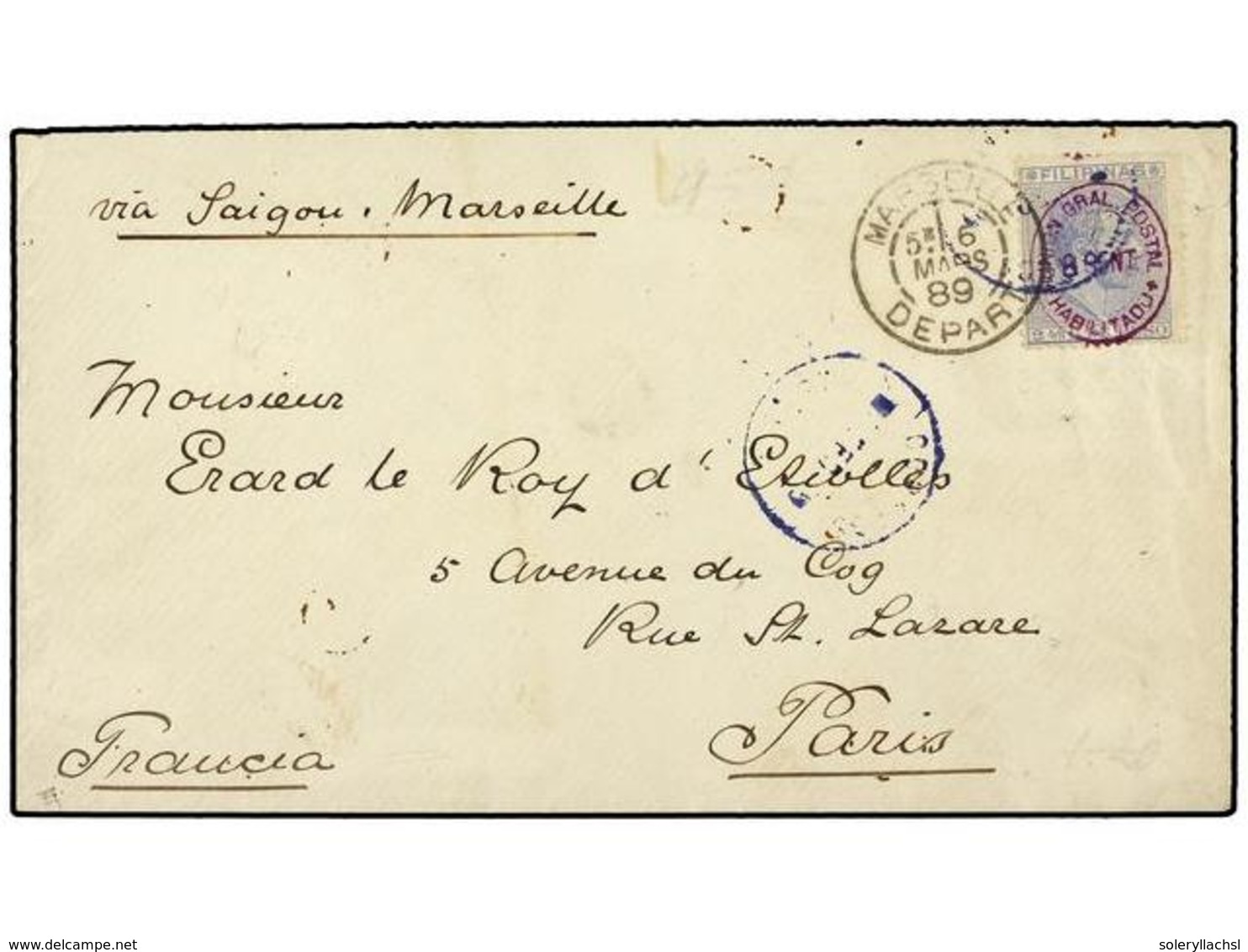 4663 FILIPINAS. 1889. MANILA A FRANCIA. <B>8 Cent. S. 2 4/8 Ctvos.</B> Azul. RAROS Sellos Provisionales En Carta. - Sonstige & Ohne Zuordnung