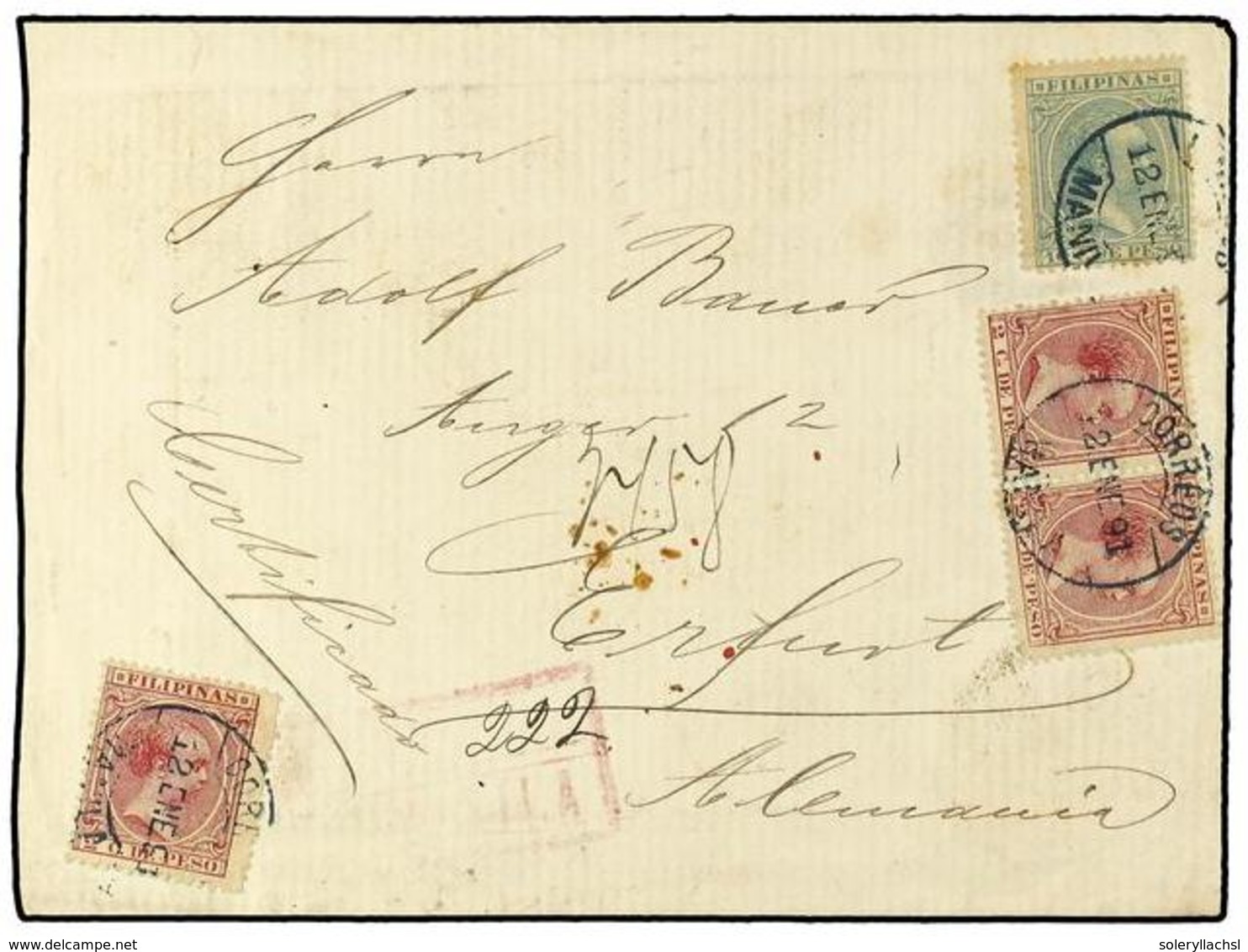 4665 FILIPINAS. Ed.80(3),84. 1891. MANILA A ALEMANIA.Carta Certificada Con Franqueo De <B>2 Cts.</B> Rojo (3) Y <B>10 Ct - Other & Unclassified