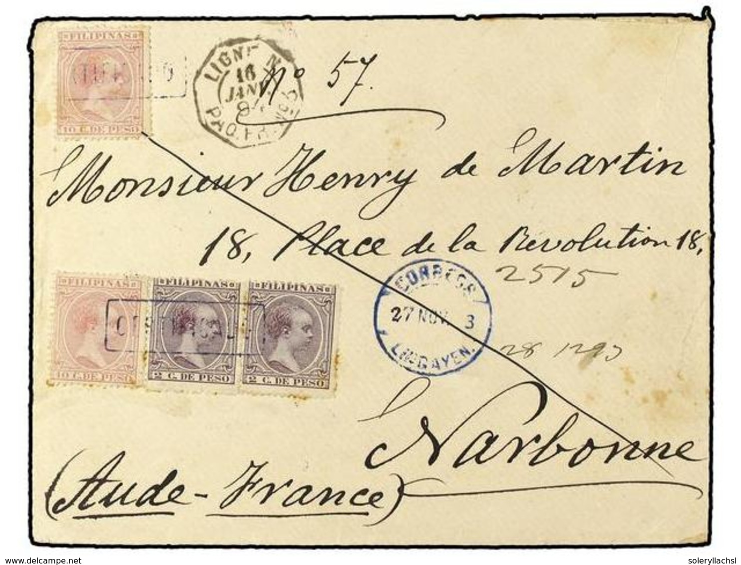 4667 FILIPINAS. Ed.93(2),99(2). 1893. LINGAYEN A NARBONNE (Francia). <B>2 Cts.</B> Violeta (2) Y <B>10 Ctvos</B> Rosa (2 - Sonstige & Ohne Zuordnung