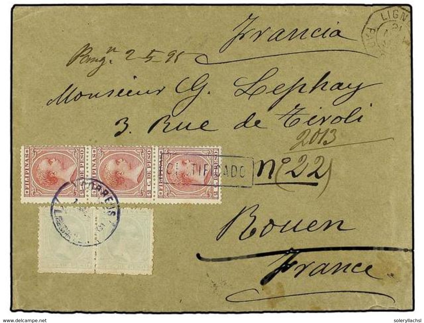 4672 FILIPINAS. Ed.80 (3), 111 (2). 1895. LINGAYEN A FRANCIA. <B>2 Cts.</B> Rojo (3) Y <B>5 Cts.</B> Verde (2). Mat. <B> - Sonstige & Ohne Zuordnung