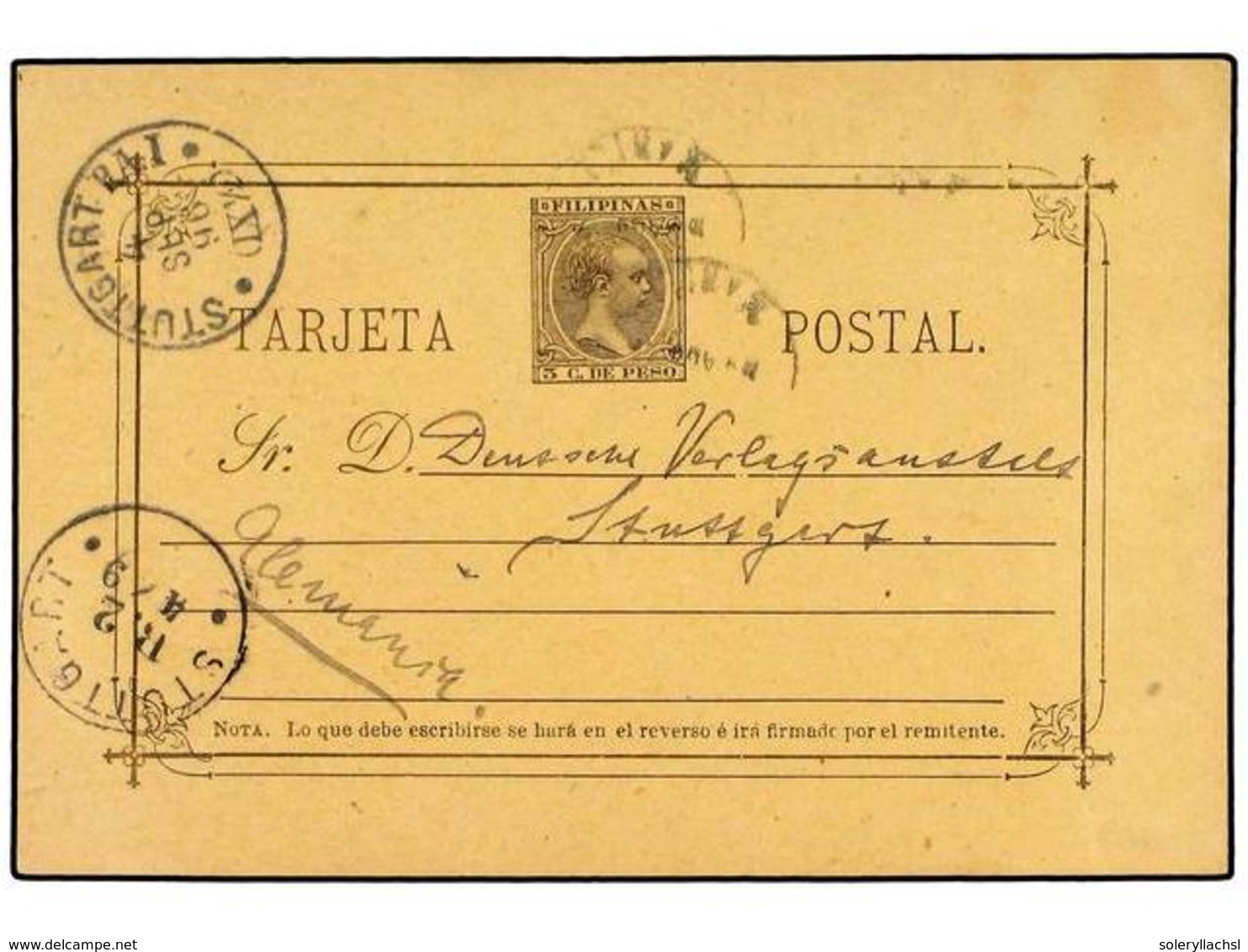 4673 FILIPINAS. 1896. <B>3 C.</B> Postal Stationery Card Commercially Used To GERMANY Cancelled By Two Strikes Of The <B - Other & Unclassified
