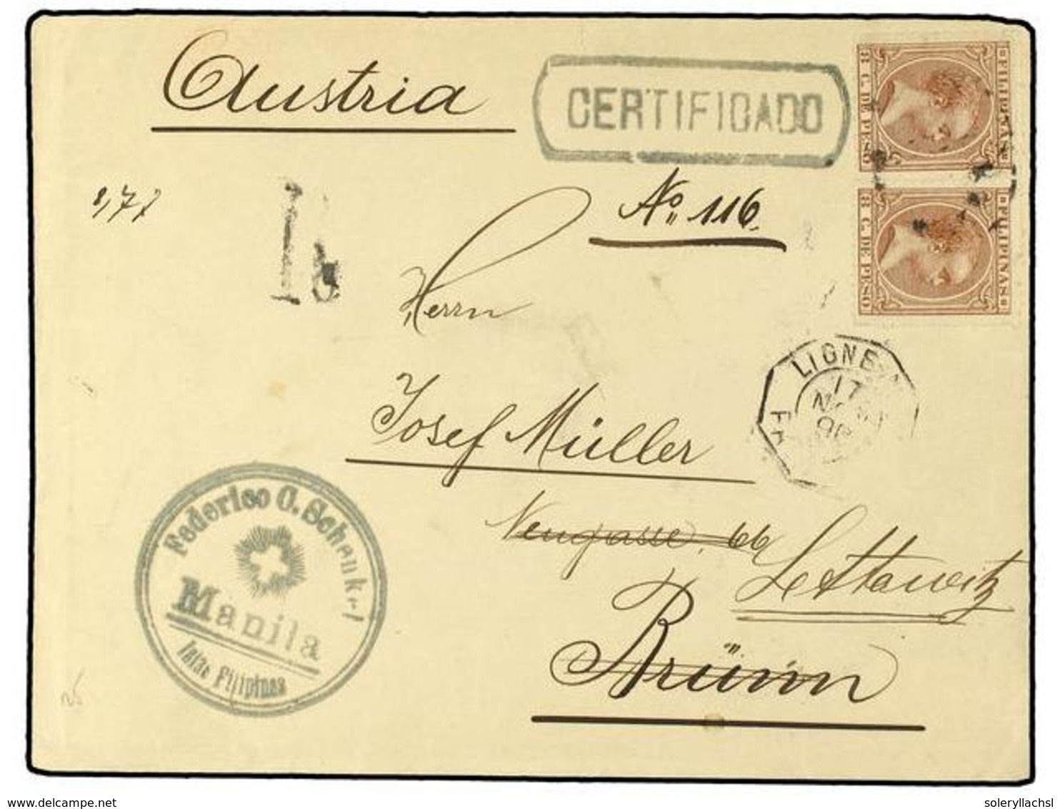 4674 FILIPINAS. Ed.113(2). 1896. MANILA A AUSTRIA. <B>8 Ctvos.</B> Castaño Rojo (2). Mat. <B>PARRILLA COLONIAL</B> Y Mar - Other & Unclassified