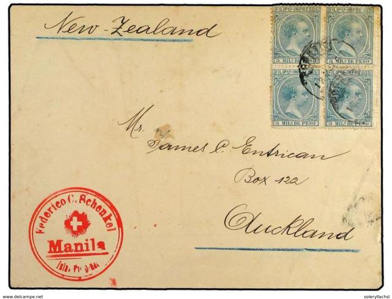 4675 COLONIAS ESPAÑOLAS: FILIPINAS. Ed.119(4). 1897. MANILA A NEW ZEALAND. <B>5 Mils.</B> Verde, Bloque De Cuatro. Rara  - Other & Unclassified