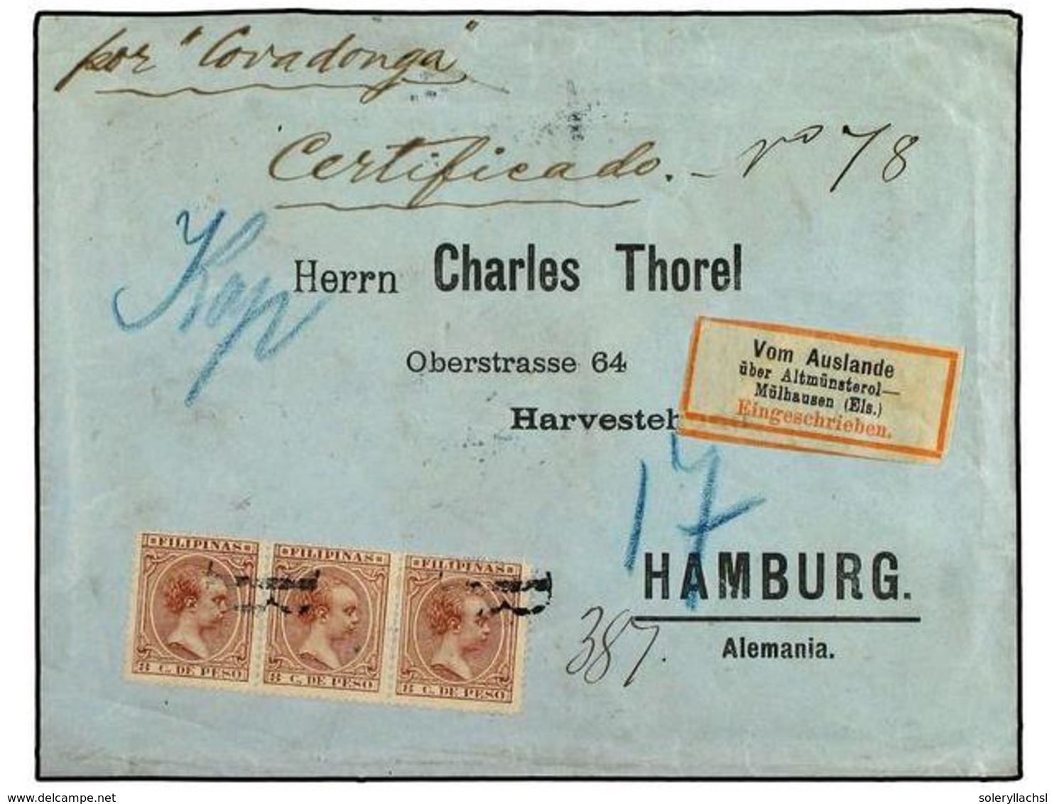 4676 FILIPINAS. Ed.113(3). 1897 (Dec). MANILA A HAMBURGO. Carta CERTFICADA Franqueada Con Tres Sellos De <B>8 Ctvos. </B - Sonstige & Ohne Zuordnung