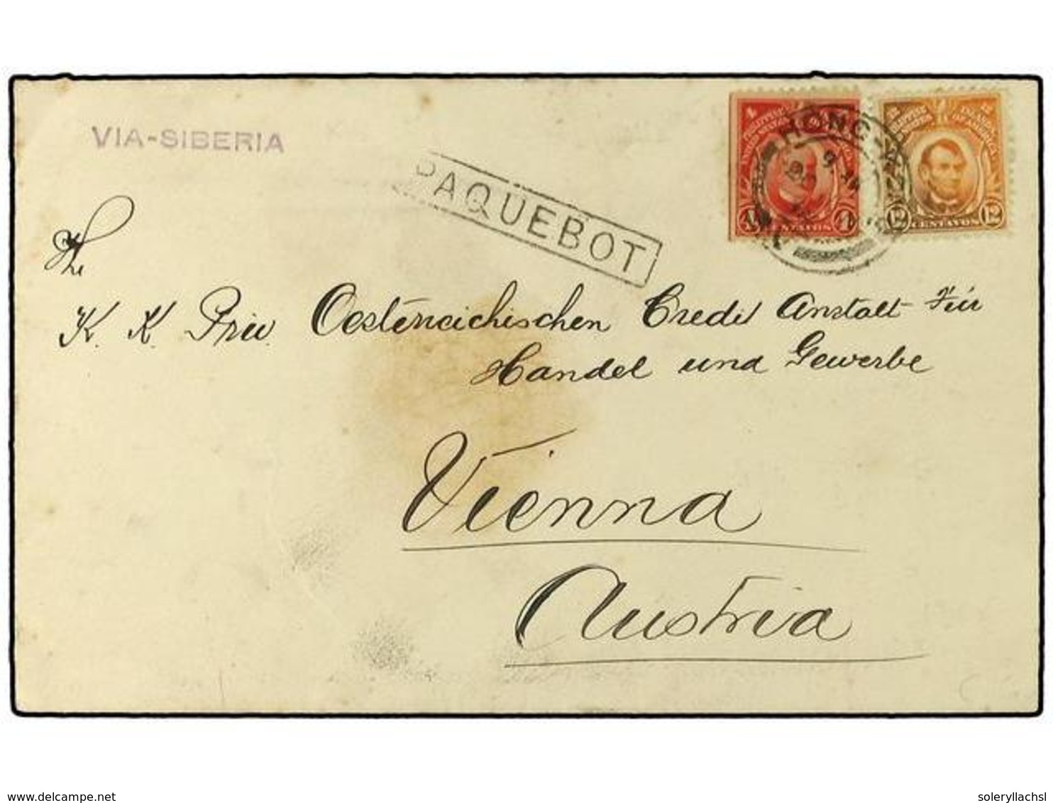 4680 FILIPINAS. 1914 (June 20). Cover To Vienna Bearing Philippines 1906 <B>4c</B>. Scarlet And 1909 <B>12c</B>. Brown-o - Other & Unclassified