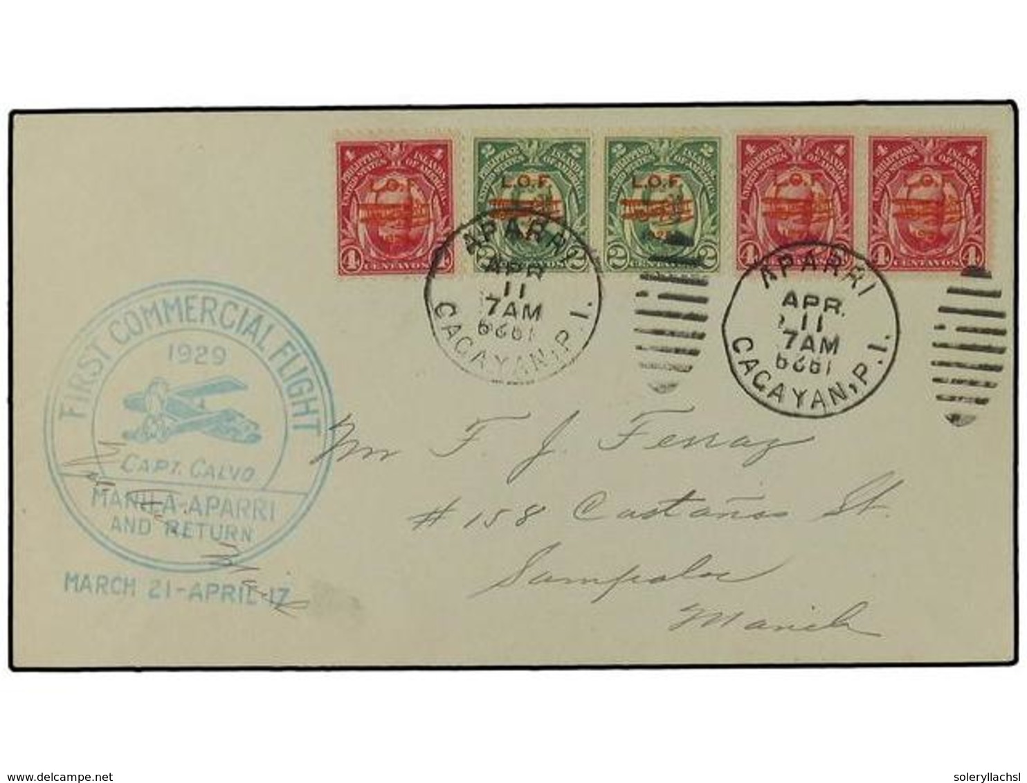 4684 FILIPINAS. 1929 (11 Abril). CORREO AEREO. <B>AIR MAIL. </B>APARRI A MANILA. Primer Vuelo Comercial Realizado Por El - Sonstige & Ohne Zuordnung