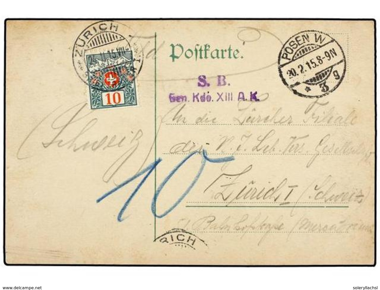 4690 POLONIA. 1915. POSEN To ZURICH. Military Card Taxed On Arrival With Swiss <B>10 Cts.</B> Postage Due Stamp (margin  - Sonstige & Ohne Zuordnung