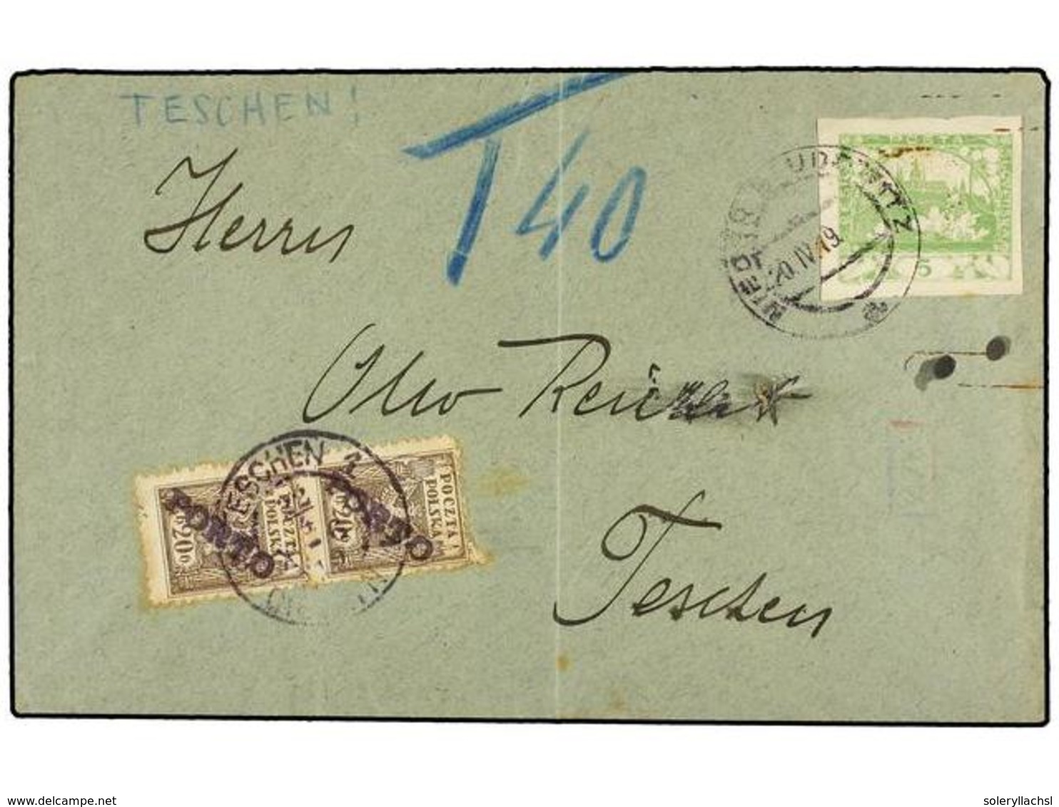 4692 POLONIA. 1919. CZECHOSLOVAKIA To TSCHEN (Poland). <B>5 Cts. </B>green, Taxed On Arrival With Poland Stamps Of <B>20 - Sonstige & Ohne Zuordnung