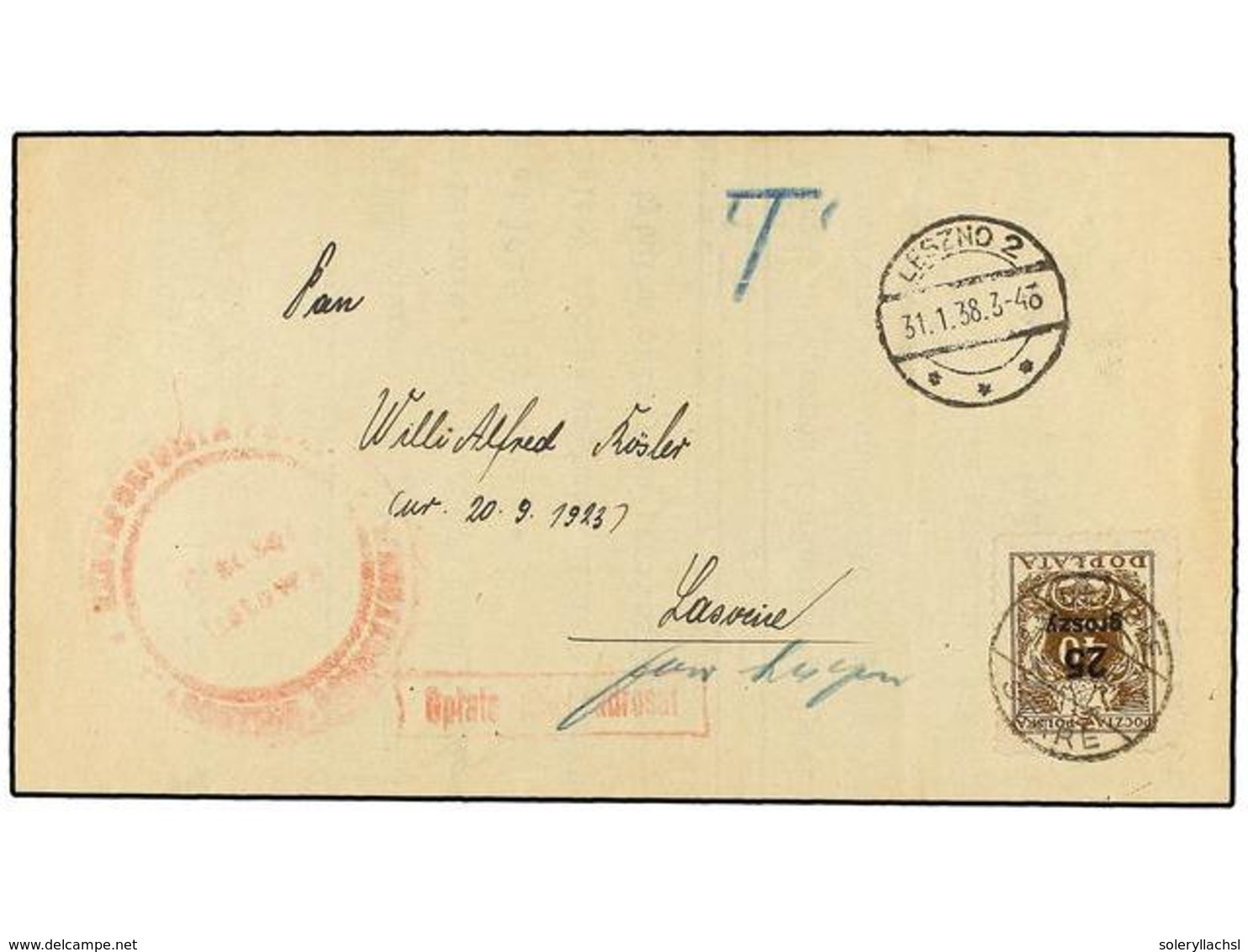 4694 POLONIA. 1938. LESZNO To DLUBIE. Without Stamps, Taxed On Arrival With <B>25 Gr. </B>on <B>40 Gr. </B>stamp. - Other & Unclassified