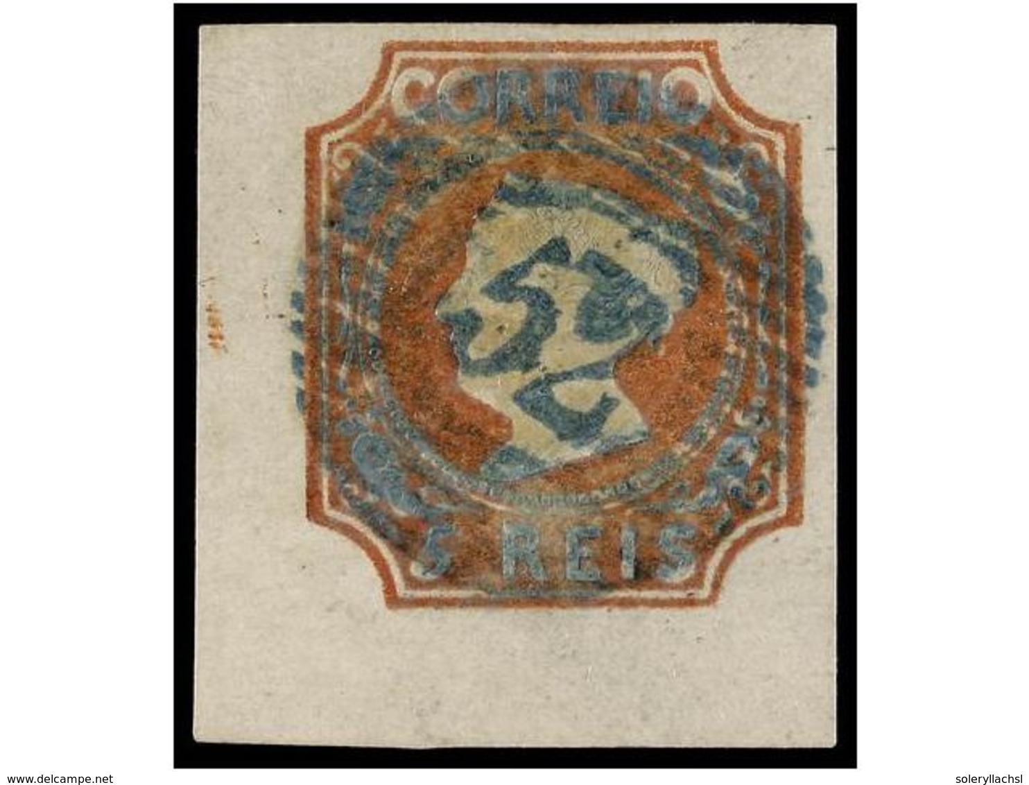 4699 ° PORTUGAL. Af.1. 1853. <B>5 Reis</B> Castaño. Mat. Parrilla <B>CON CIFRA 52</B> De PORTO En Azul. EXTRAORDINARIO E - Other & Unclassified