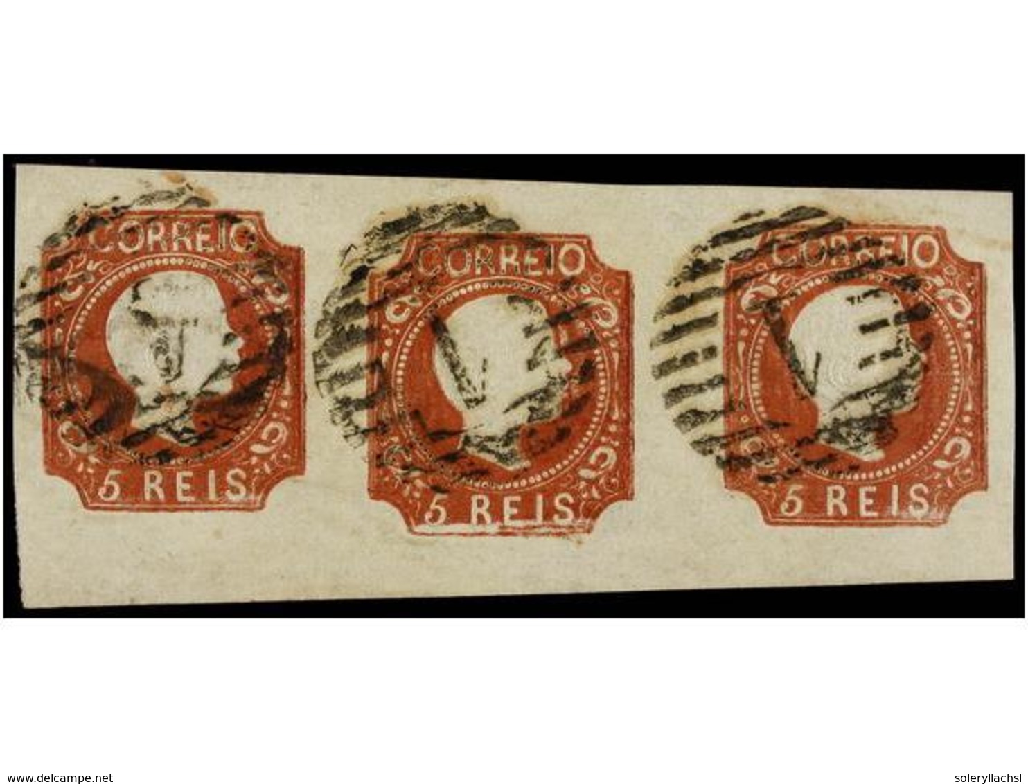 4714 ° PORTUGAL. Af.10 (3). 1856. <B>5 Reis</B> Castaño Rojo, Tipo II, Tira De Tres, Mat. Numeral <B>'1'</B> De Lisboa,  - Other & Unclassified