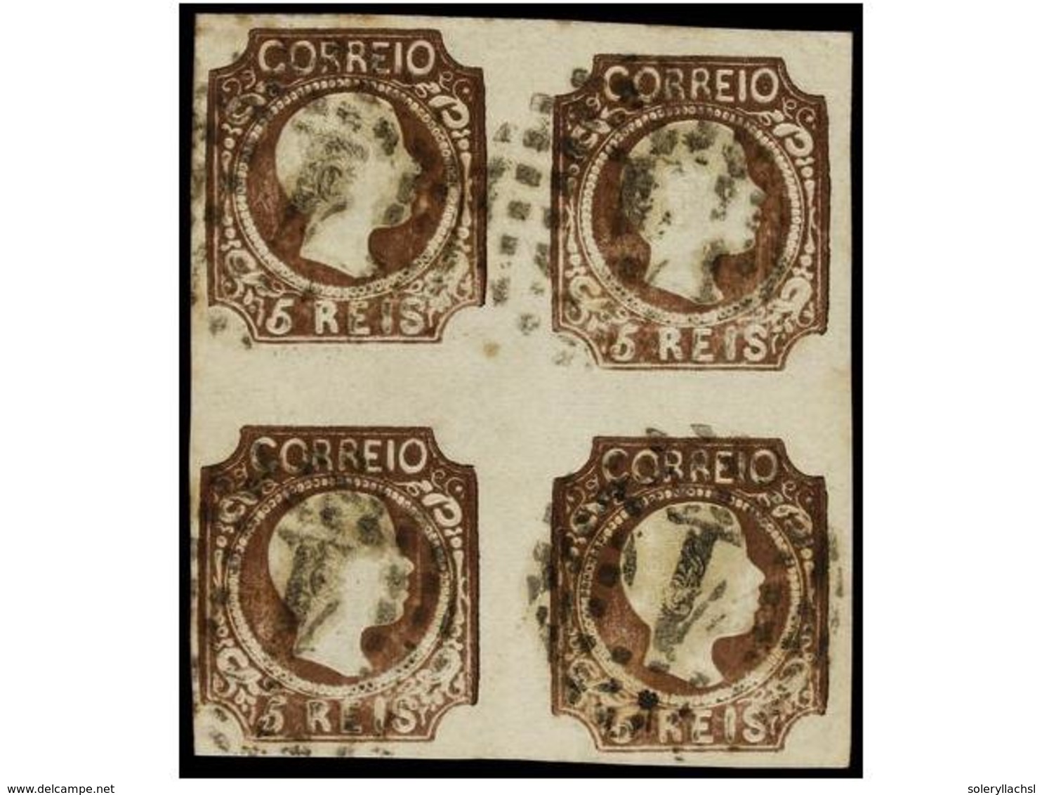 4715 ° PORTUGAL. Af.10 (4). 1856. <B>5 Reis</B>,  Bloque De Cuatro, Mat. Numeral<B> '1'</B> De Lisboa. Muy Bonito. Cert. - Other & Unclassified