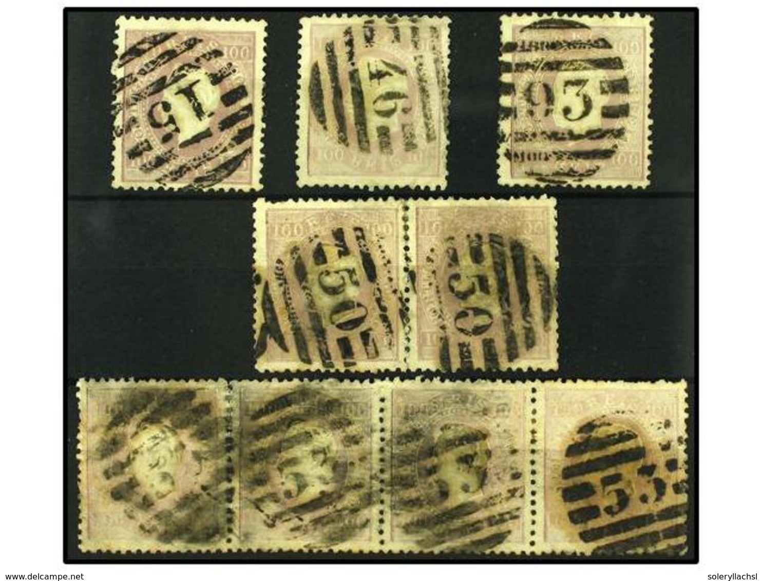 4751 ° PORTUGAL. Af.43 (9). 1870-76. <B>100 Reis </B>lila. 3 Sellos, Una Pareja Y Una Tira De Cuatro. - Other & Unclassified