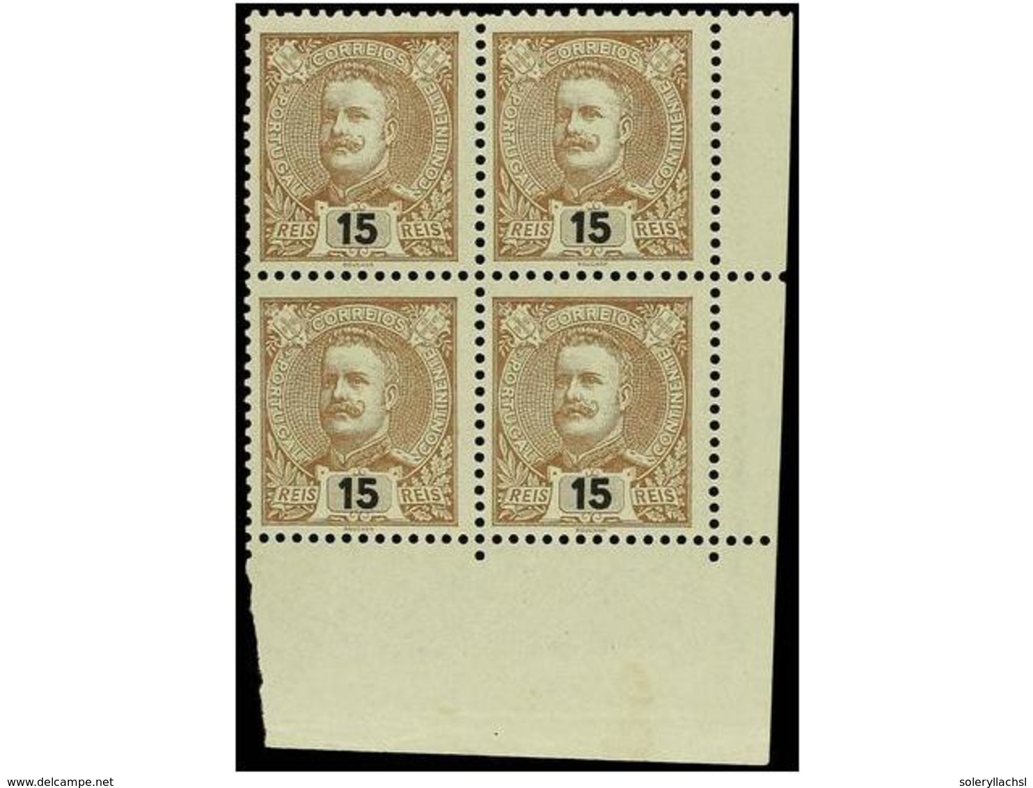 4761 **/* PORTUGAL. Af.129. 1895. <B>15 Reis</B> Castaño. Bloque De Cuatro Esquina De Pliego; Señal De Fijasellos En Un  - Other & Unclassified