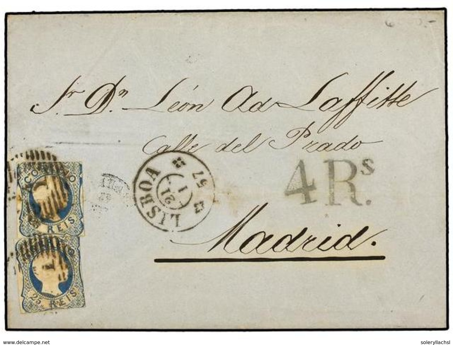 4793 PORTUGAL. Af.12 (2). 1857. LISBOA A MADRID. <B>25 Reis </B> Azul (2). Circulada Antes Del Convenio Postal Con Españ - Other & Unclassified