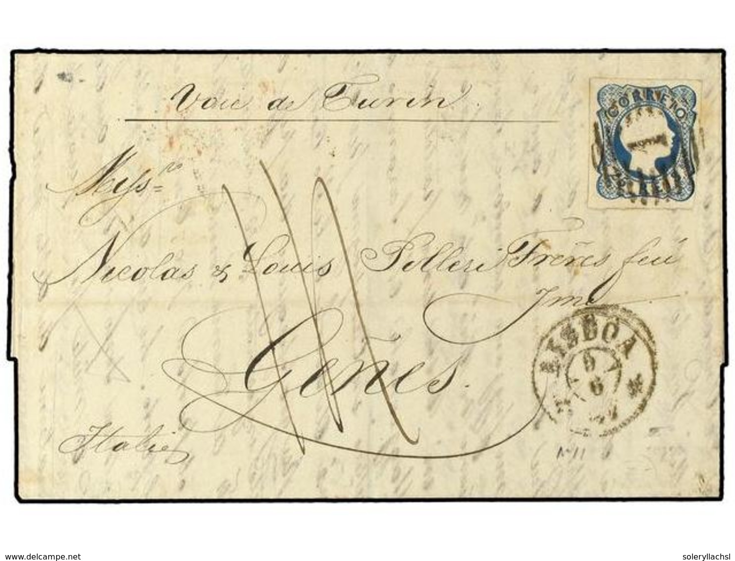 4794 PORTUGAL. Af.12. 1857. LISBOA A GENOVA. <B>25 Reis</B> Azul, Manuscrito 'Via De Turin'. Al Dorso Fechadores De BADA - Other & Unclassified