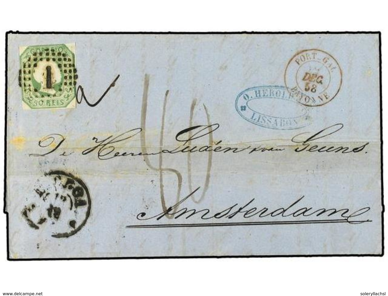 4795 PORTUGAL. Af.8. 1858. LISBOA A AMSTERDAM. <B>50 Reis</B> Verde, Circulada Via España Y Francia. Tasada A La Llegada - Other & Unclassified