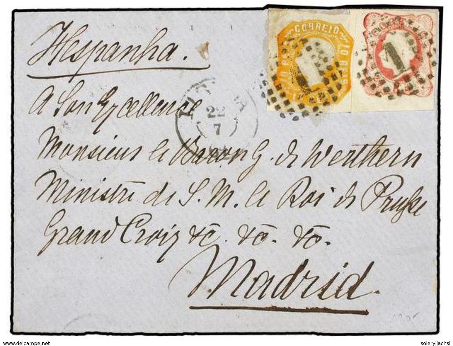 4802 PORTUGAL. Af.15, 16. 1865. LISBOA A MADRID. <B>10 Reis</B> Amarillo Y <B>25 Reis</B> Rosa (falta Una Pequeña Parte  - Other & Unclassified