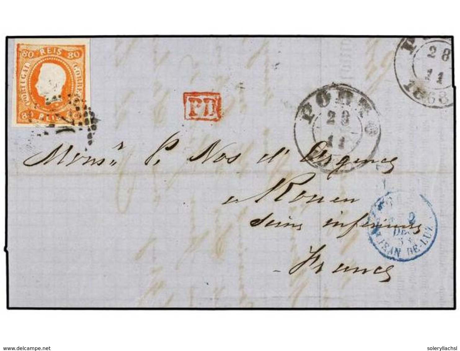 4809 PORTUGAL. Af.24. 1868. PORTO A FRANCIA. <B>80 Reis</B> Naranja. MAGNÍFICA. - Other & Unclassified