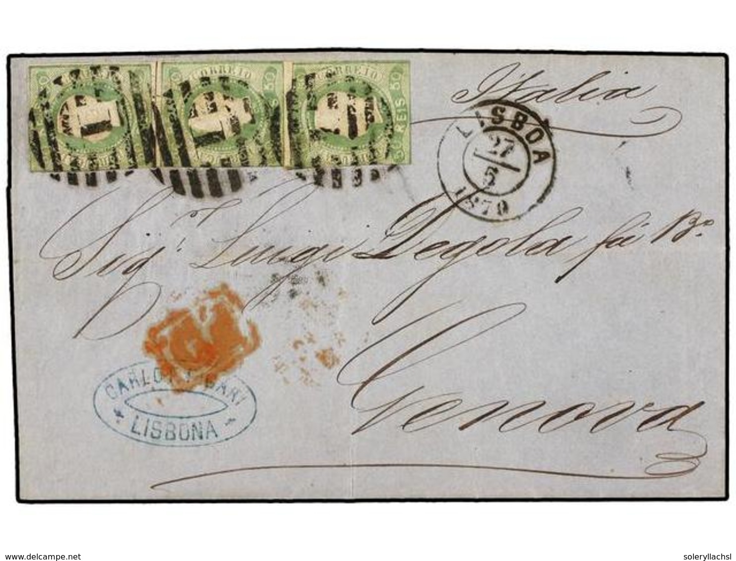 4817 PORTUGAL. Af.23 (3). 1870. LISBOA A GÉNOVA. <B>50 Reis</B> Verde (3), Márgenes Ajustados. - Other & Unclassified