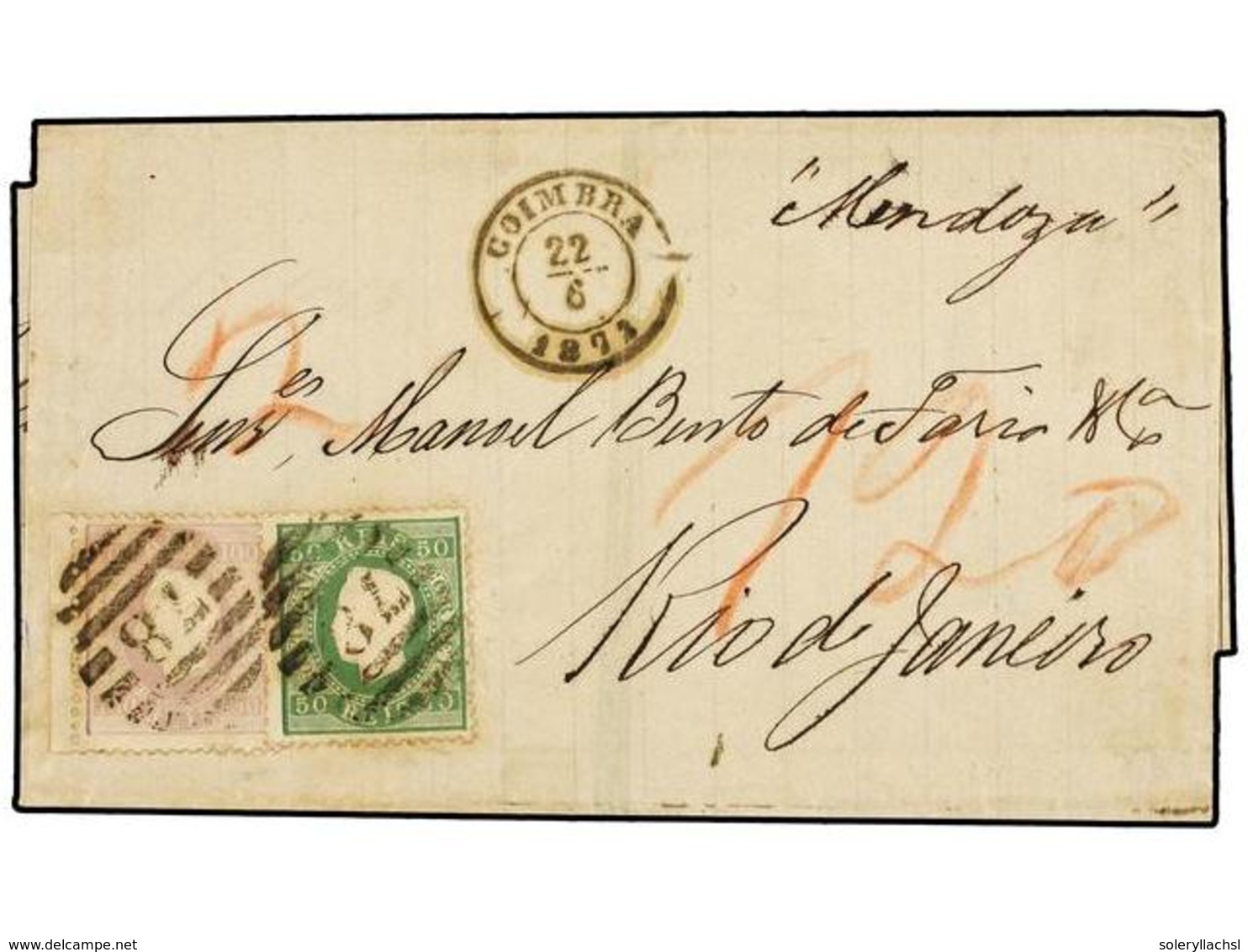 4824 PORTUGAL. Af.41, 43. 1872. COIMBRA A RIO DE JANEIRO. <B>50 Reis</B> Verde Y <B>100 Reis</B> Lila Manuscrito 'por Me - Other & Unclassified