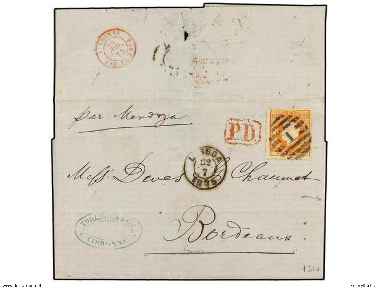 4831 PORTUGAL. Mu.42. 1875. LISBOA A BURDEOS. <B>80 Reis</B> Naranja, Circulada Por El Buque Francés 'Mendoza'. Al Dorso - Other & Unclassified