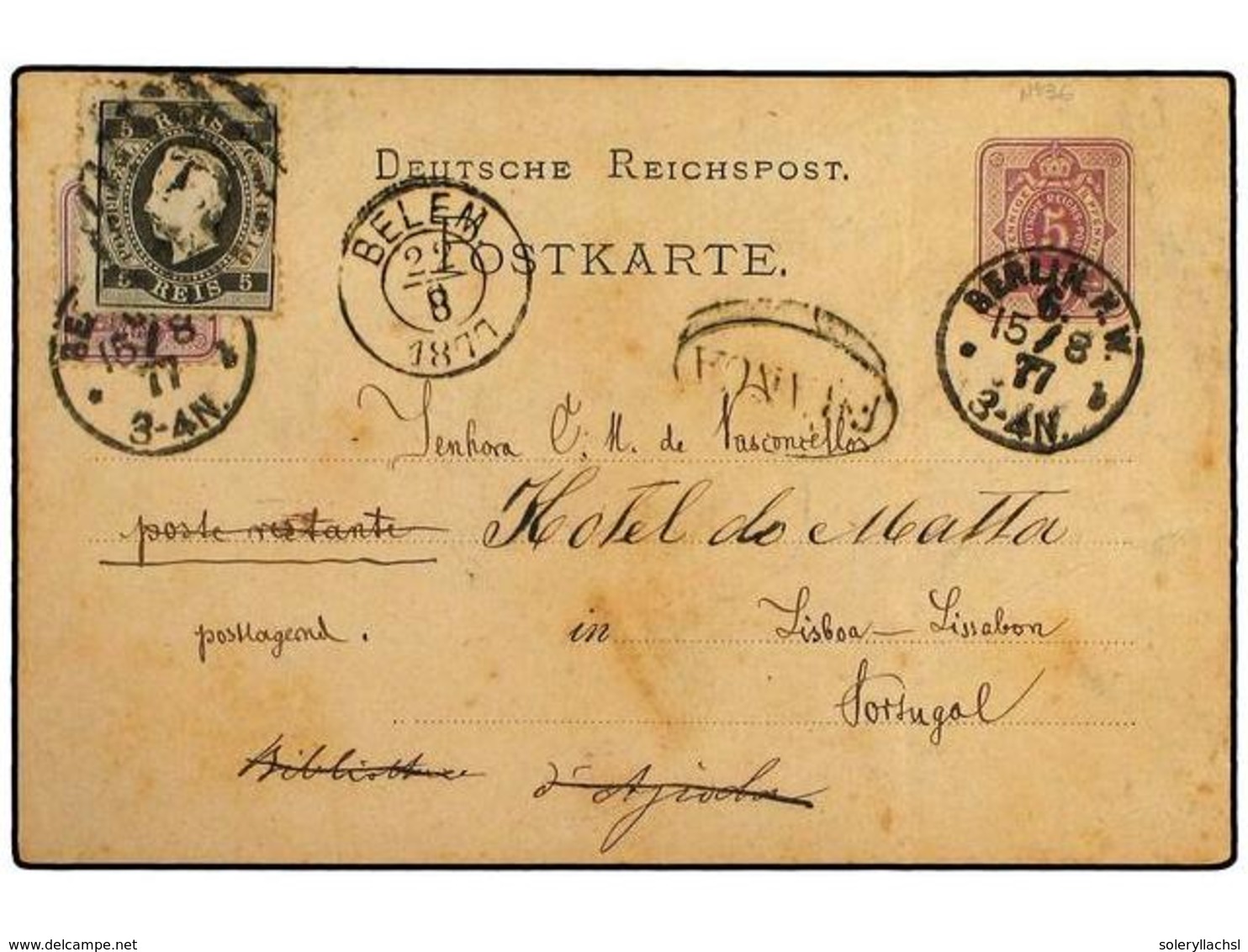 4834 PORTUGAL. 1877. <B>5 Pf.</B> Mauve Stationery Card Used To LISBON And Up-rated With 1875 <B>5 Pf.</B> Adhesive Tied - Other & Unclassified