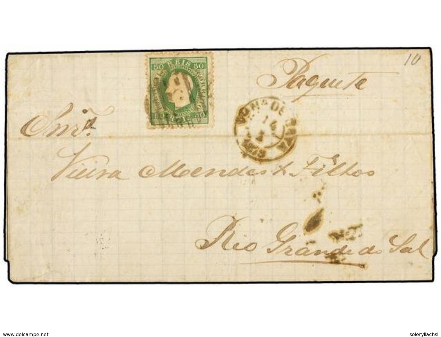 4840 PORTUGAL. Mu.41. 1879. VILLANUEVA DE GAIA A RIO GRANDE DO SUL. <B>50 Reis</B> Verde, Manuscrito 'Paquete'. Al Dorso - Other & Unclassified