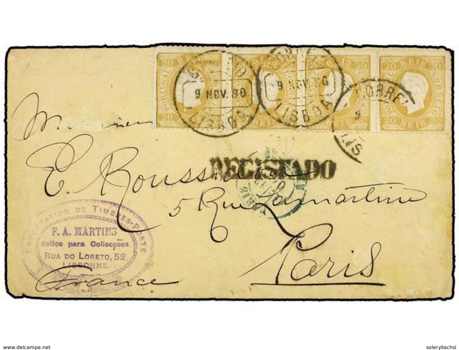 4841 PORTUGAL. Af.39 (4). 1880. LISBOA A PARÍS. <B>20 Reis</B> Bistre Tira De Cuatro. Marca Lineal <B>REGISTRADO. </B>RA - Other & Unclassified