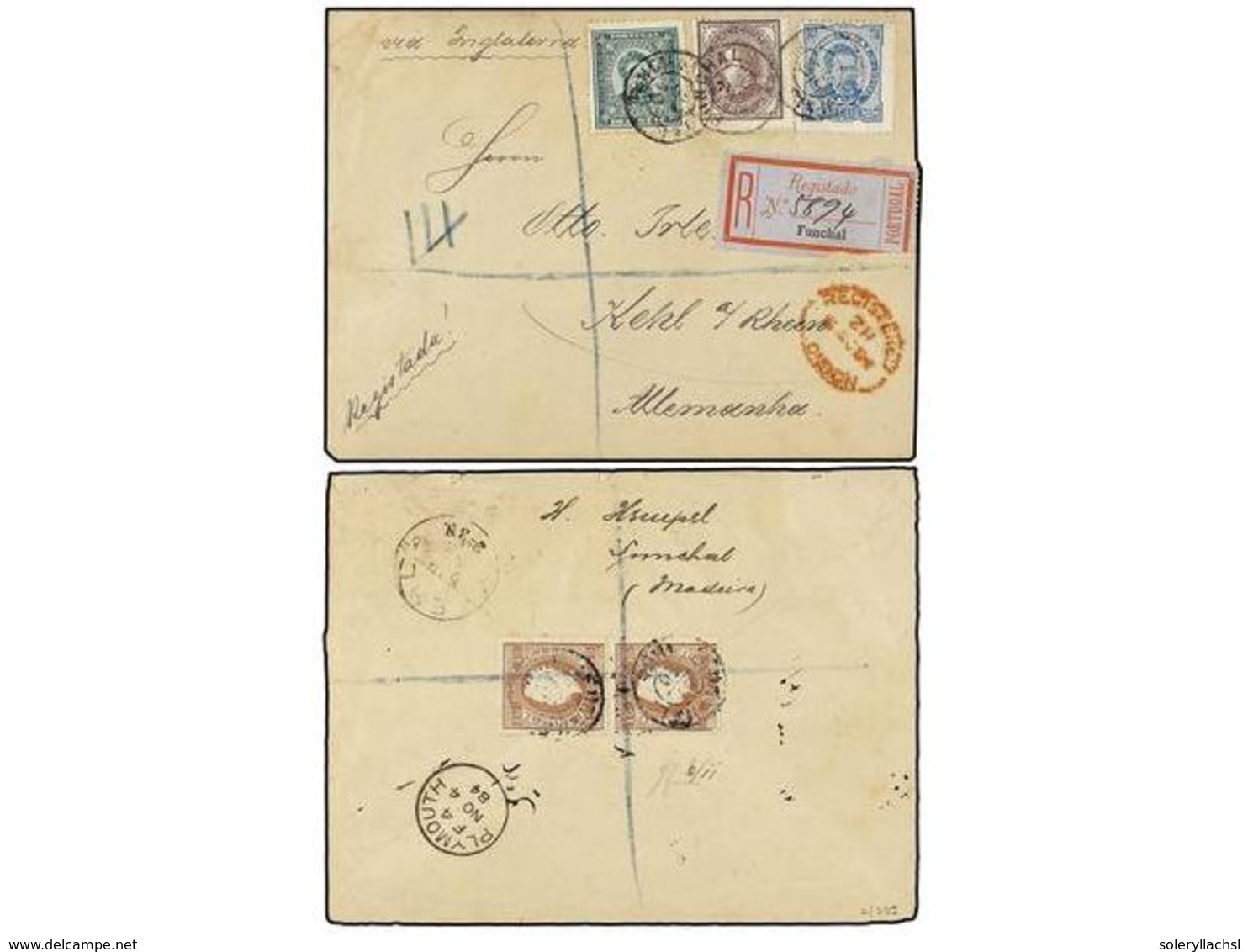 4845 PORTUGAL. Sc.38, 55, 59, 61. 1884. Registered Cover To GERMANY Franked By Portugal 1881 <B>25r.</B> Brownish Violet - Other & Unclassified