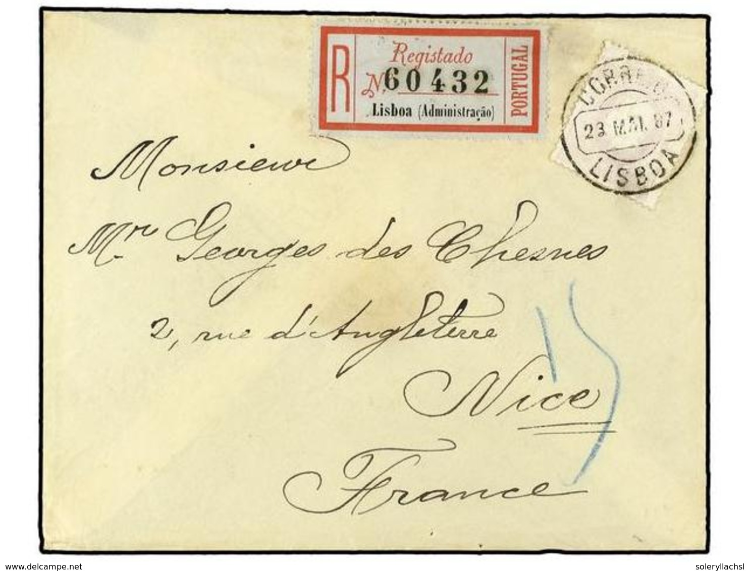 4849 PORTUGAL. Af.43. 1887. LISBOA A FRANCIA. <B>100 Reis </B>lila (papel Porcelana). Carta Certificada. MAGNIFICA. - Other & Unclassified