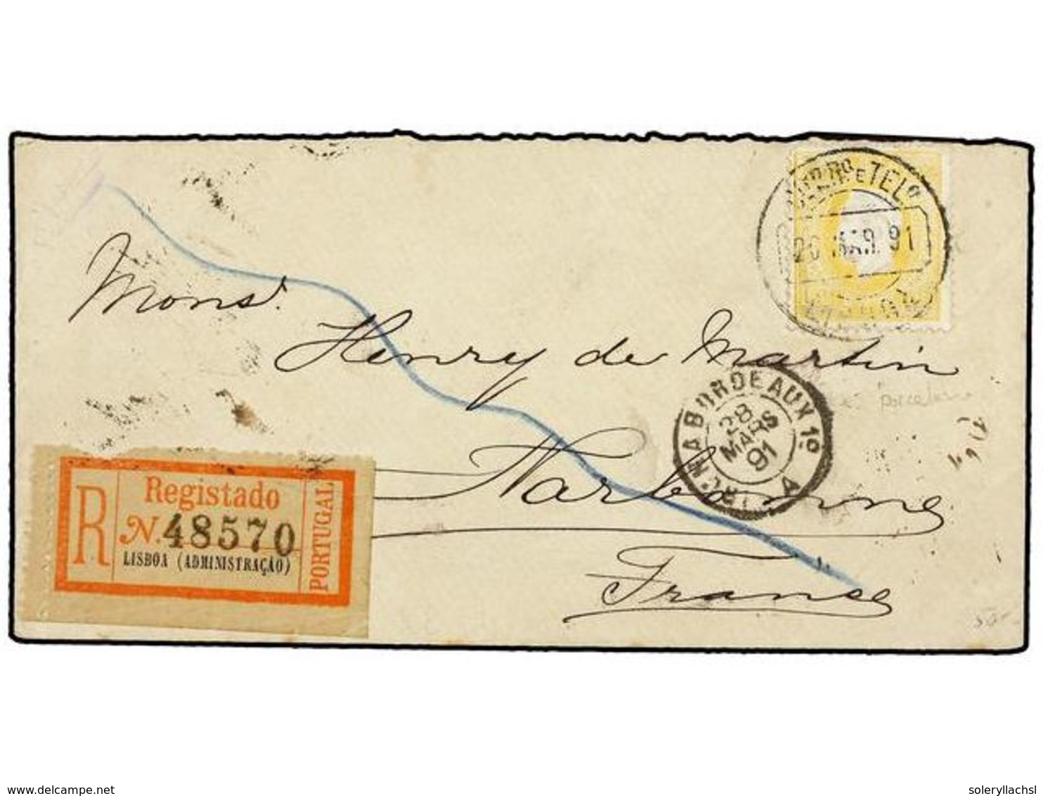 4857 PORTUGAL. Af.51. 1891. LISBOA A FRANCIA. <B>150 Reis</B> Amarillo, Carta Certificada. - Other & Unclassified