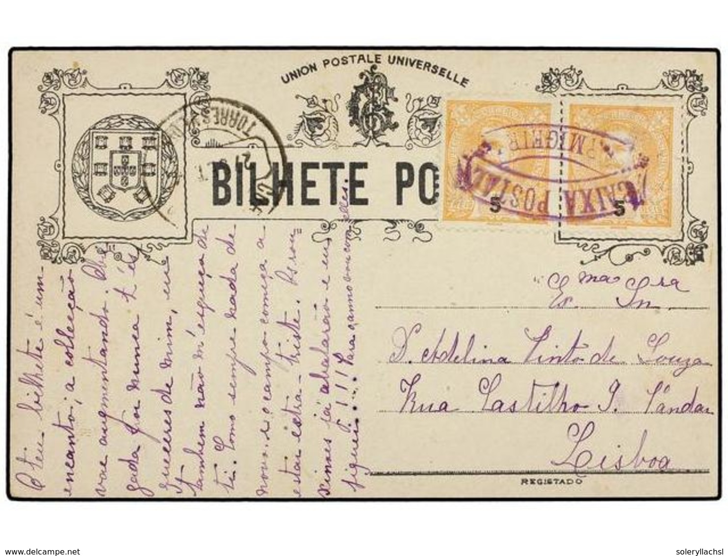 4868 PORTUGAL. Mu.127 (2). 1904. Tarjeta Postal A LISBOA. <B>5 Reis</B> Naranja, Mat. Ovalado En Violeta <B>CAIXA POSTAL - Other & Unclassified
