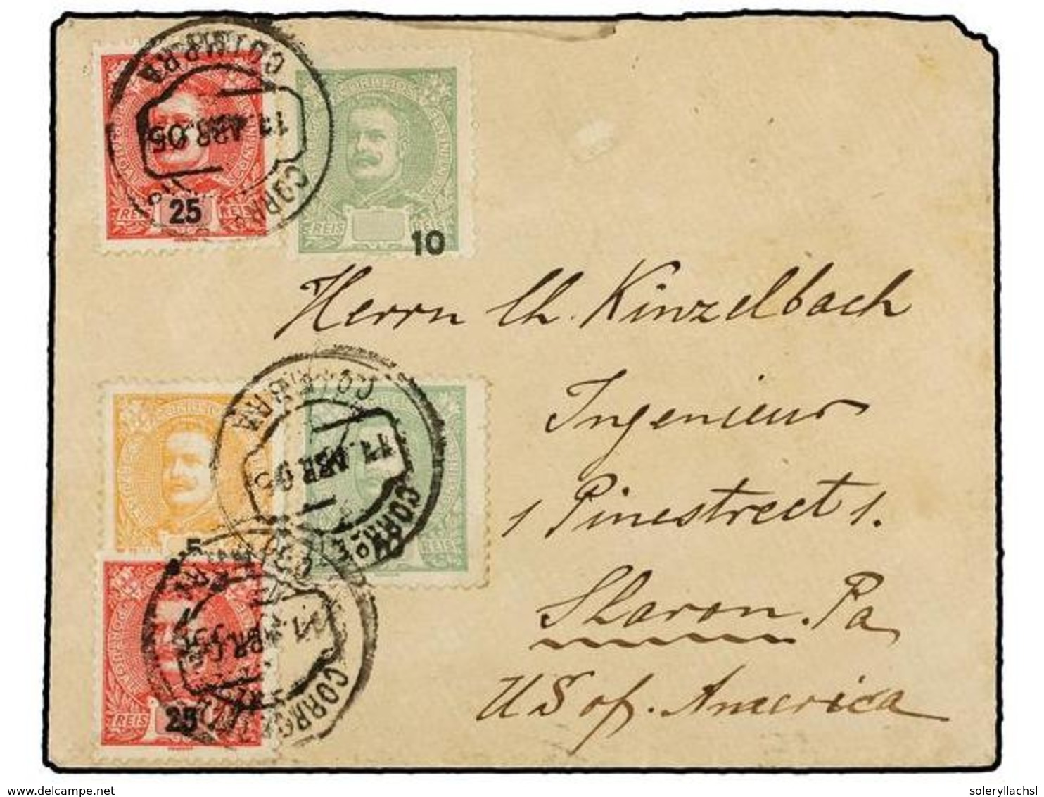 4869 PORTUGAL. Af.127, 128 (2), 141. 1905. COIMBRA A U.S.A. <B>10 Reis</B> Verde <B>CIFRA DESPLAZADA</B>, Completan El F - Other & Unclassified